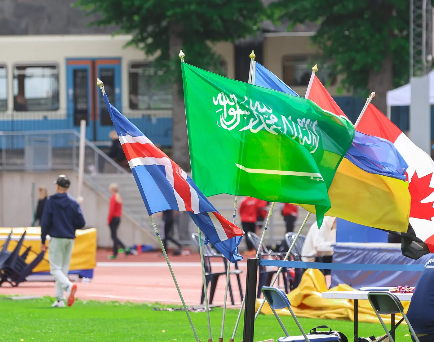 تتواجد مجموعة من الأعلام الملونة في مكان رياضي، تتضمن علم المملكة العربية السعودية، علم المملكة المتحدة، وعلم كندا، بالإضافة إلى أعلام أخرى. في الخلفية، يلاحظ وجود أشخاص يتجهون نحو الملعب.