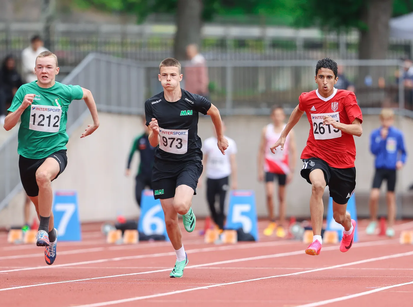 ثلاثة عدائين يتسابقون على حلبة مضمار، حيث يرتدي العداء الأول قميصاً أخضر ورقم 1212، والثاني يرتدي قميصاً أسود ورقم 973، والثالث قميصاً أحمر ورقم 2619. يظهر في الخلفية عدد من المتفرجين وقاموا بمراقبة السباق.